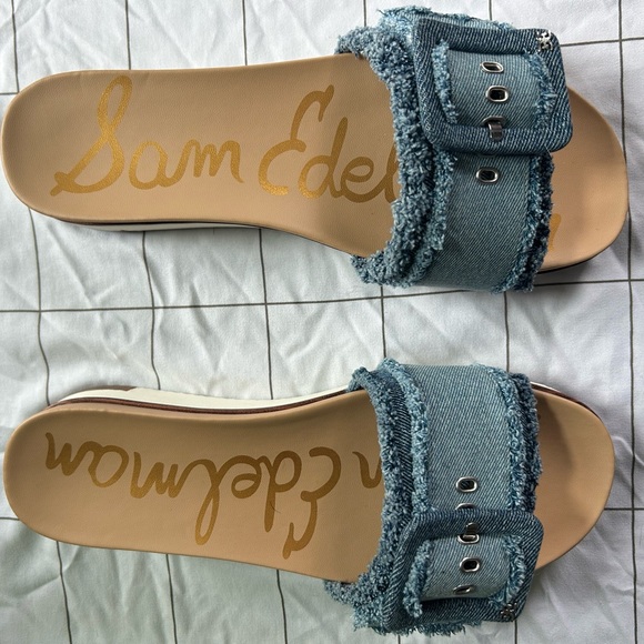 Sam Edelman Ariane Fray Blue Denim Slide Sandals - Picture 8 of 11